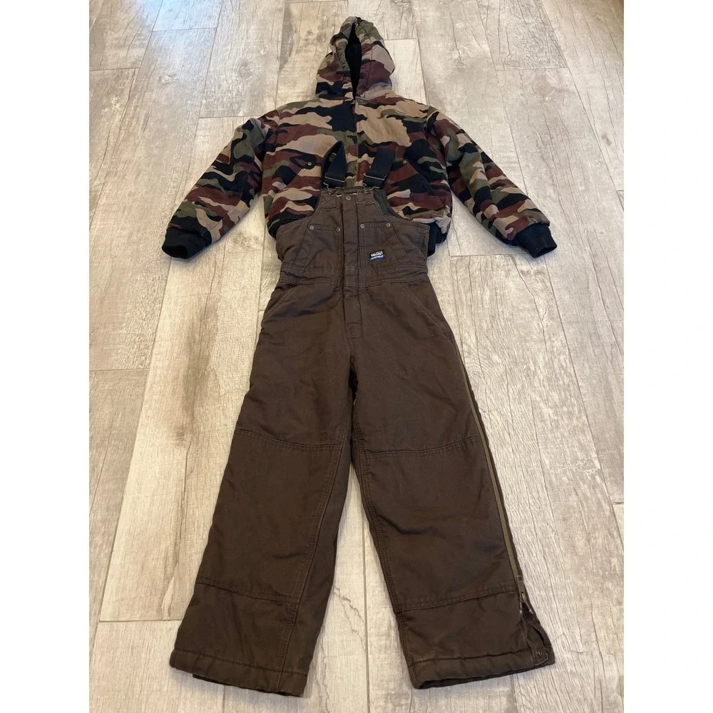 Walls Tough Wear Kids Camo Jacket and Brown Insulated Bib Overalls Set Youth M/L
